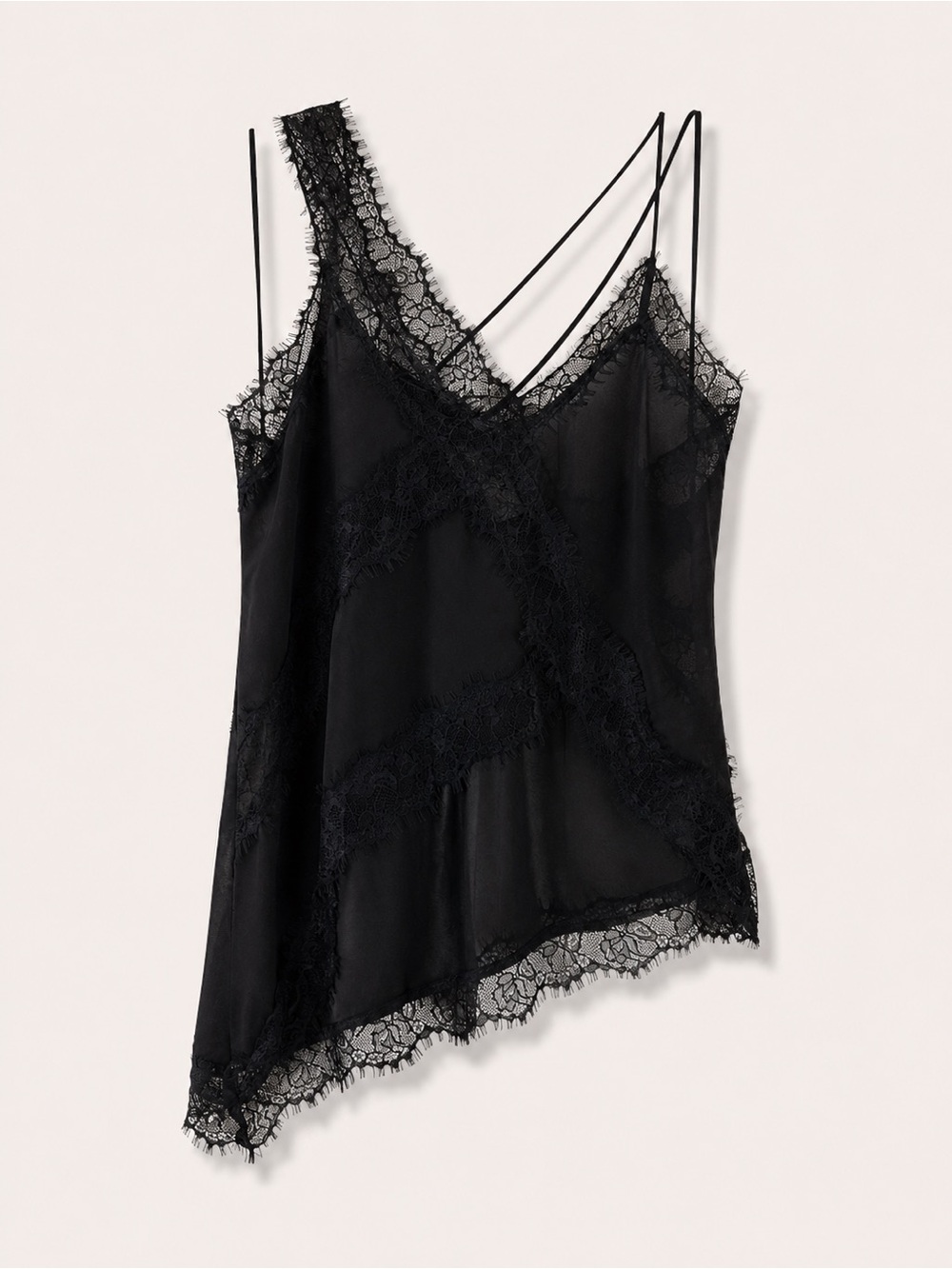 Black Lace Trim Asymmetric Camisole